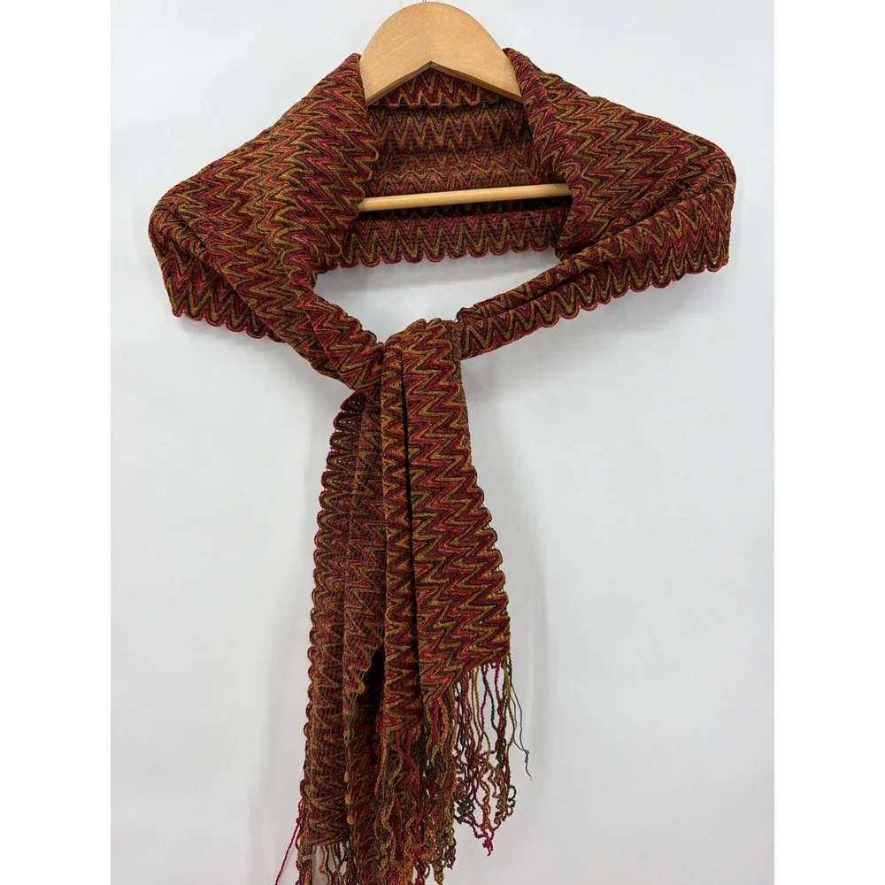 Filatess Como-Italia Scarf Red Orange Chevron Zig Zag Knit Fringe Made in Italy